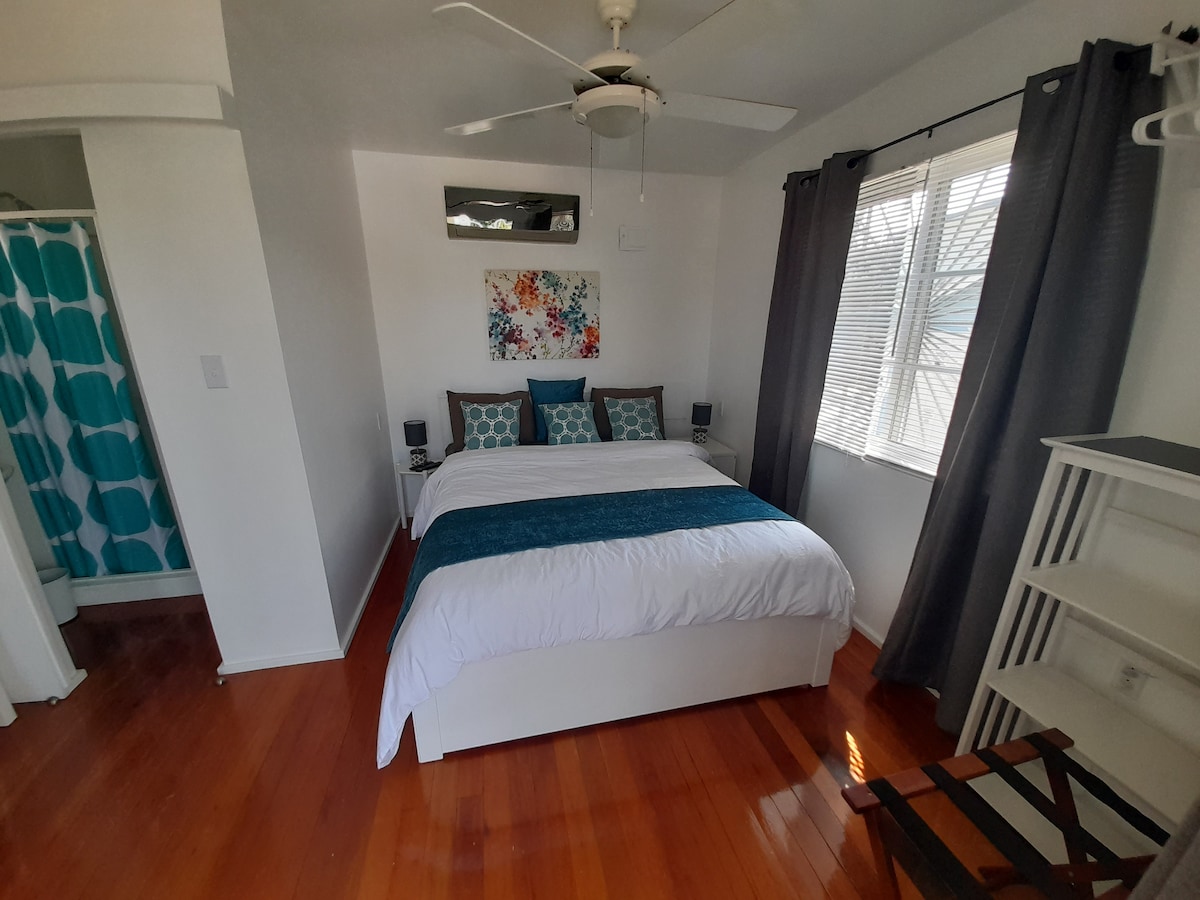 A cozy sleeping area features a spacious bed adorned with a teal accent blanket. Two colorful pillows add a touch of personality. Natural light enters through large windows, framed by dark curtains. A closet area with a vibrant shower curtain is visible in the background.