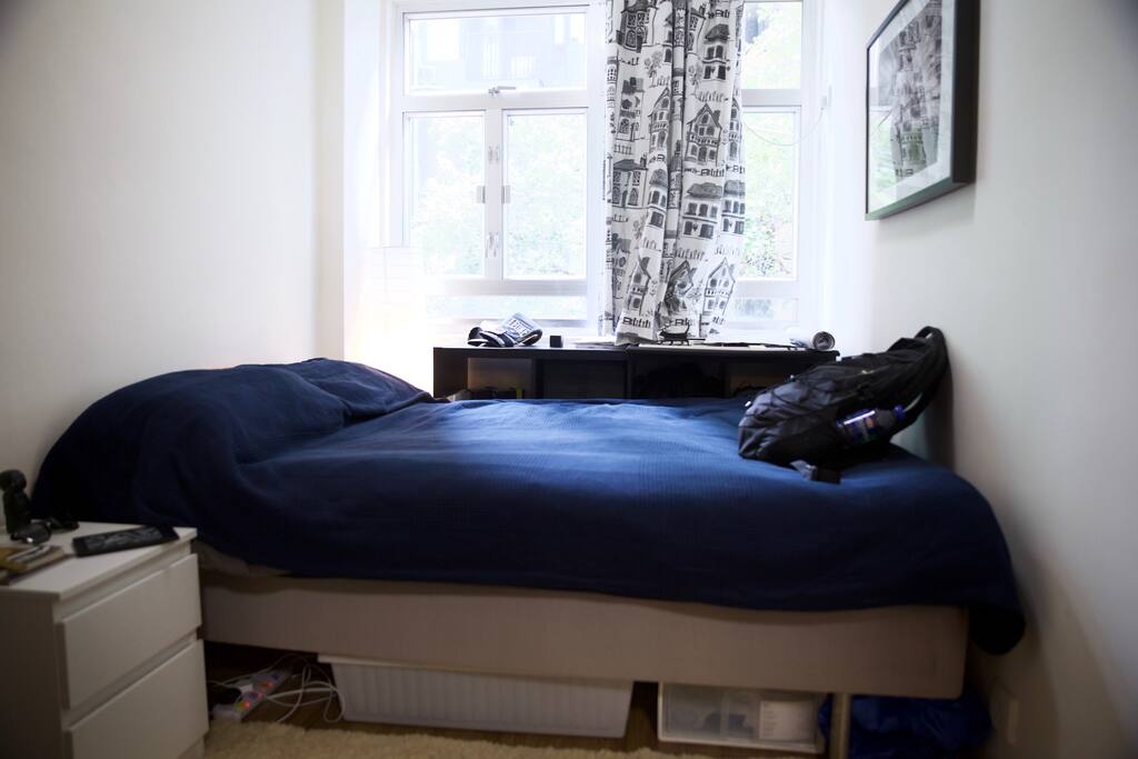 The Bedroom. A big wardrobe will be free for your use, a double bed, blackout curtains and private a/c.