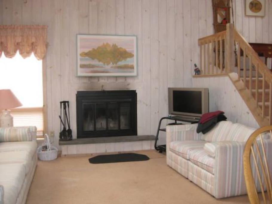 Living room with fireplace and TV