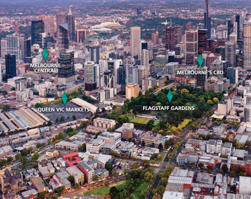 Eades Place Park (centre foreground) to Queen Vic market to Flagstaff to CBD then MCG, Tennis & AAMI stadiums. Etihad to the right of photo