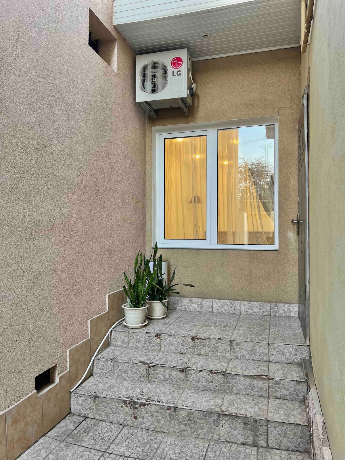 A separate entrance is visible, featuring a set of stairs leading up to a door. A small area with potted plants adds a touch of greenery, while a window above is adorned with sheer curtains, allowing light to filter through.