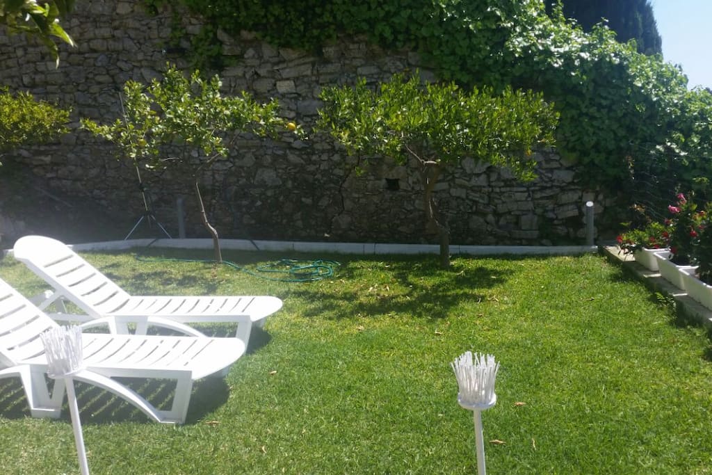 Il giardino privato degli ospiti con prato inglese e due comodissime sdraio