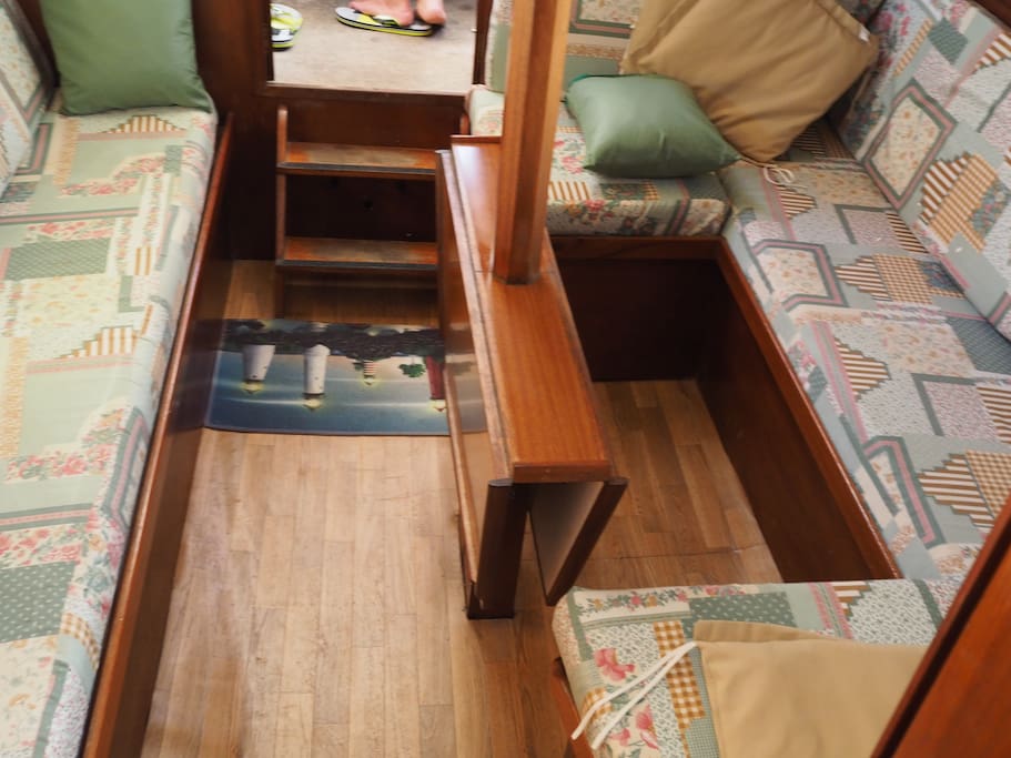 inside main cabin, sofa and bed