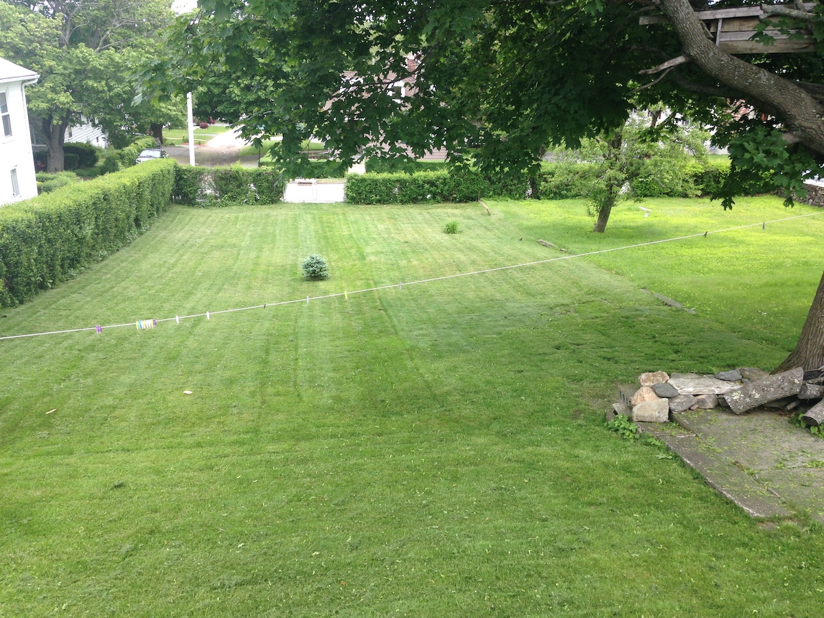 A well-maintained, open yard is visible, featuring neatly mowed grass and a few small shrubs. A line of clothesline can be seen, indicating space for outdoor activities. Trees provide partial shade, and a natural stone border outlines a section of the yard.