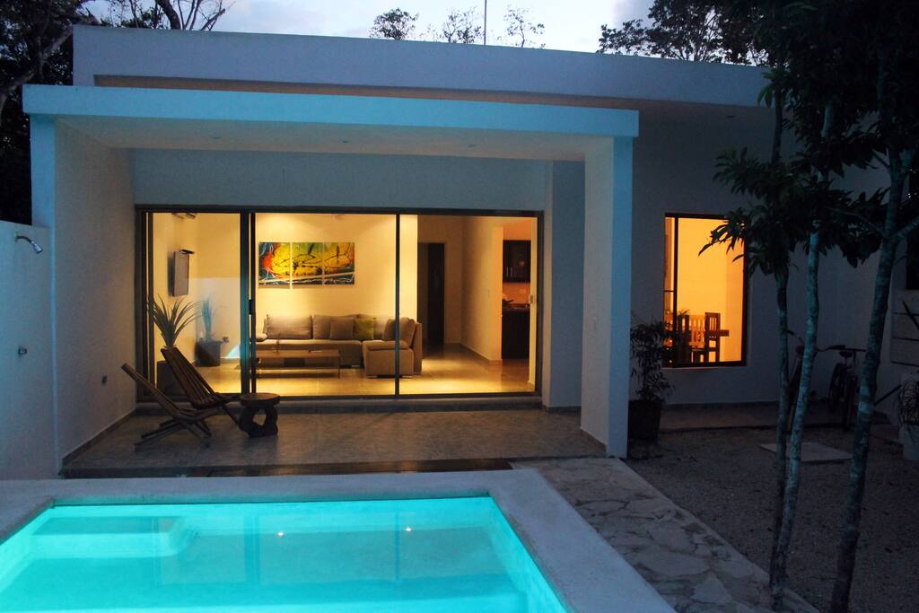 The front of the house with patio and pool .