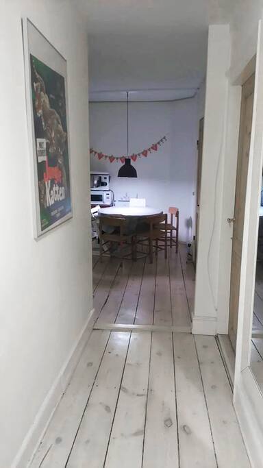 The corridor with the kitchen in the end, your room on the right hand, the bathroom on the left hand and the entrance behind the photographer.
