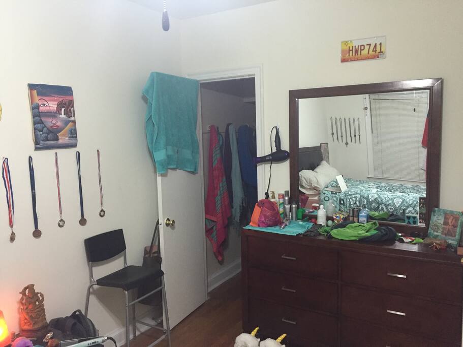Dresser, walk-in closet, hardwood floors