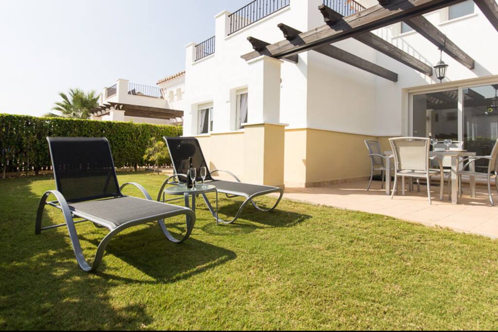 Rear lawn with sun loungers
