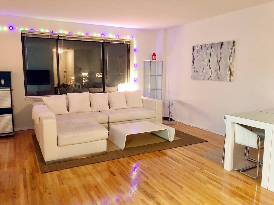 L-shaped luxury leather couch, long enough to sleep 2