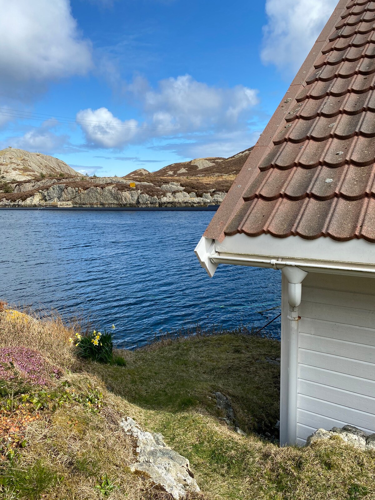 A corner of the cabin is shown with a terracotta tiled roof, overlooking a calm bay. The clear blue sky and scattered clouds reflect on the water, while gentle greenery and coastal rocks are visible along the edge.