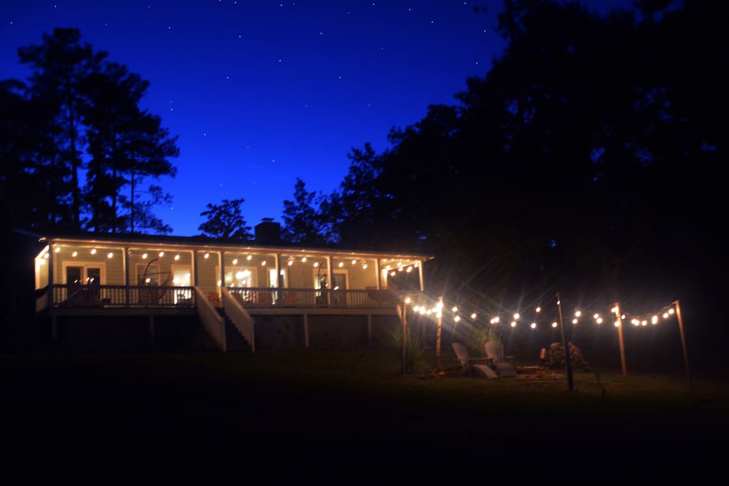 Enjoy the vintage lighting and firepit outside.