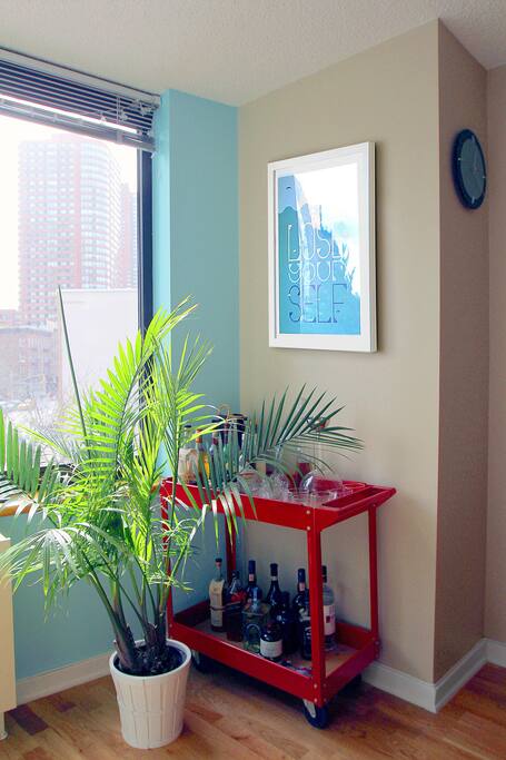 Listen to the poster "Lose Yourself" when you are here :) (Also bar cart built by me from a utility service cart)
