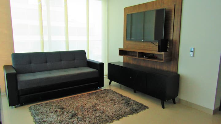 Sala con sofa cama doble y TV