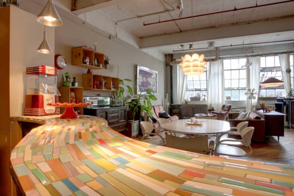 A view of the dining area from the island