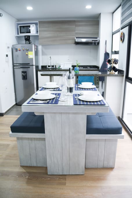 Dining room and fully equipped kitchen