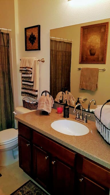 Bath with everything you will need during your stay! Lotions, shampoo, conditioner, body wash and plenty of towels :)