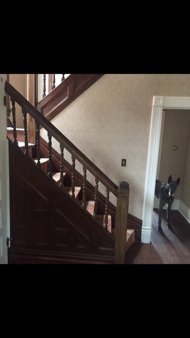 The private room is on the main floor and the shower/bath are upstairs.