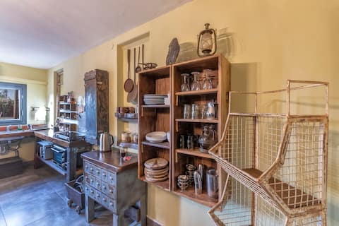 The house is brown in the desert for couples, families and friends