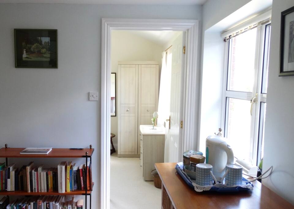 Drink making facilities leading to bedroom.Pool Cottage Upton upon Severn