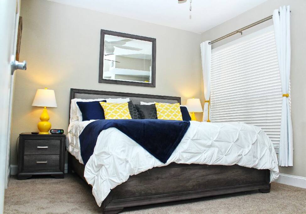 King Size bed with room darkening curtains
