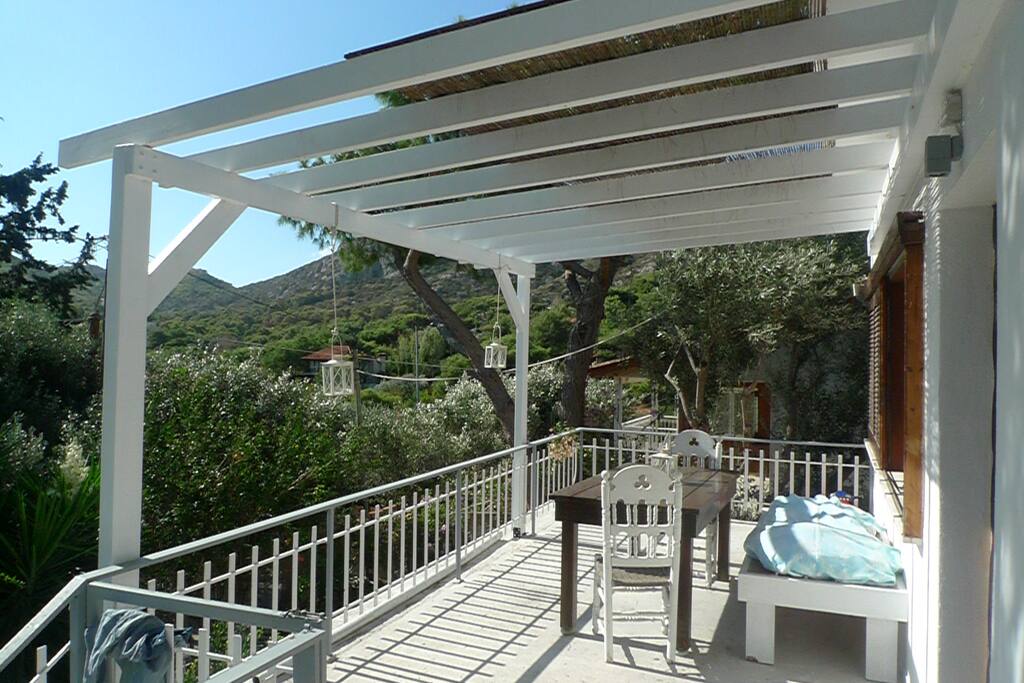 front balcony island style with pergola and bamboo olive trees are all around this summer setting quit in nature you can enjoy a relaxing breakfast or a lunch after swim.