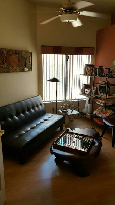 Den media area with folding futon sofa bed