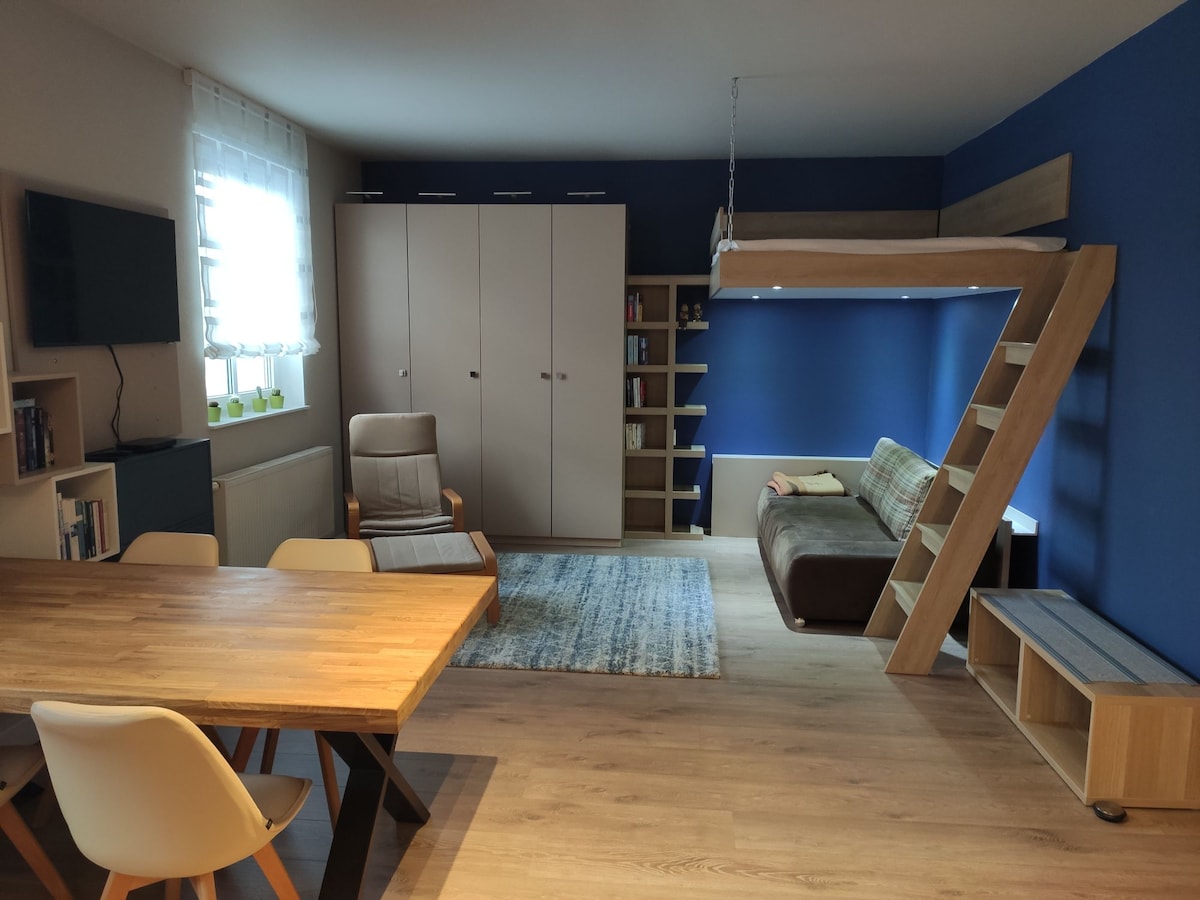 A modern living space features a high sleeper bed supported by wooden steps, providing unique vertical storage. A dining table sits in front of a stylish wooden shelf and a comfortable armchair. Light-colored walls contrast with a deep blue accent wall, enhancing the overall spaciousness.