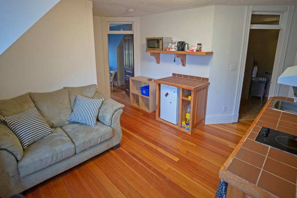 View onto kitchenette and sofa