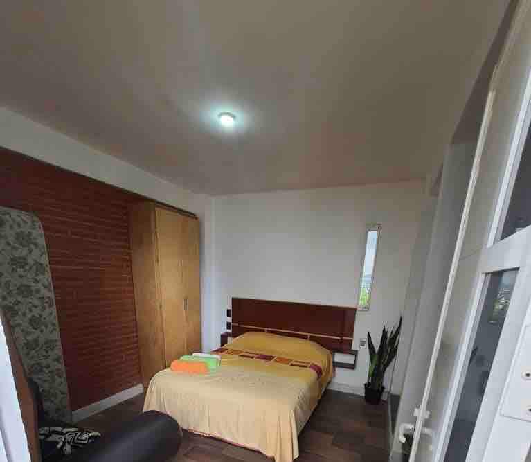 A private room is presented with a spacious bed, adorned with bright towels in orange and green. Natural light enters through a narrow window, illuminating the wooden accents. A closet and a potted plant add functionality and a touch of nature to the space.