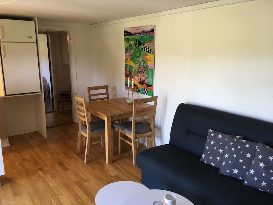 Spiseplads til 4 pers. (Der står ekstra stol i gangen mellem stue/køkken og soveværelse)
Sovesofa m. plads til 2 opredninger.