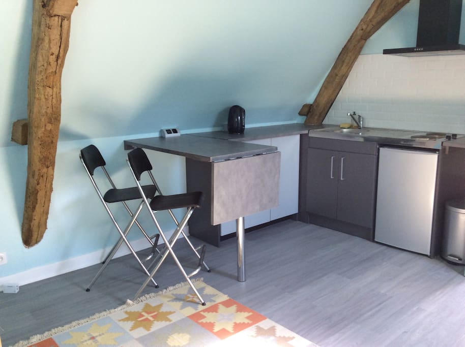 Kitchen area with microwave, electric hot rings, fridge, sink and breakfast bar. Electric and charger sockets.