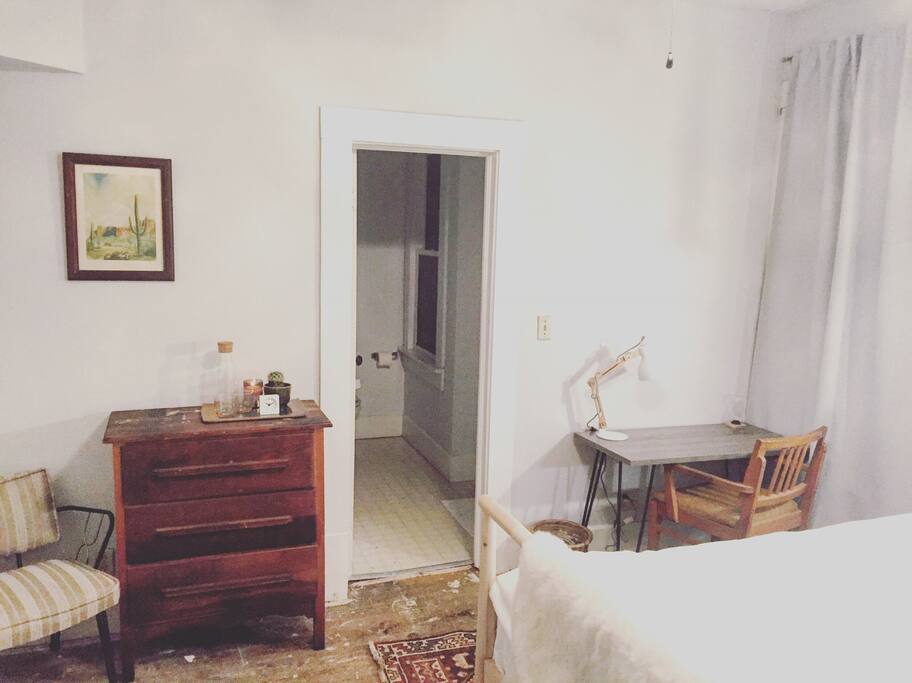Entrance to your own private bathroom. Desk for any work you may have and dresser with sitting area. Free high speed Internet is provided.