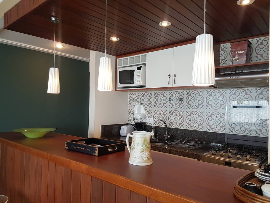 Cozinha equipada: microondas, forno, fogão, frigobar e diversos utensílios