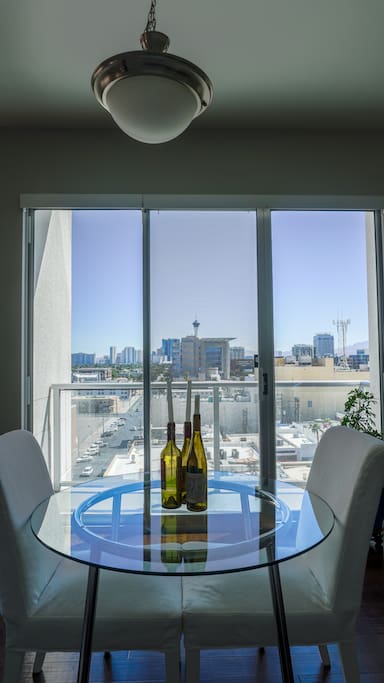 Views of the Strip from the dining room and balcony.