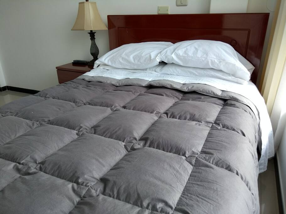 Cama de dos plazas, con ingreso de sol al apartamento.