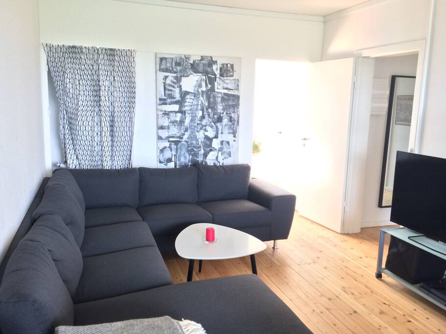 Big living room with a good couch to sleep on.