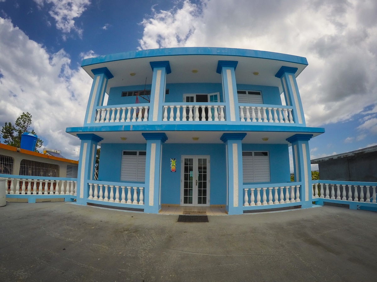 The exterior of the two-story house displays a vibrant blue façade, complemented by white railings and large windows. A wide concrete area is visible in front, providing ample space for parking or outdoor activities. The sky overhead features soft clouds, adding to the serene ambiance.