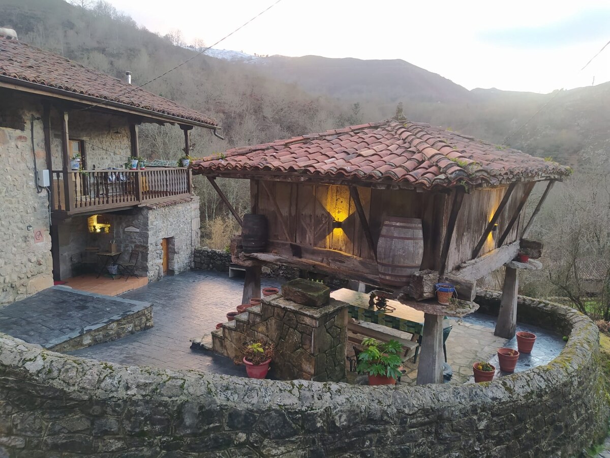 A traditional Asturian house is depicted, constructed with stone and wood. The image highlights a rustic hórreo with a tiled roof, placed on stone supports. Surrounding the structure are potted plants and a patio area, with mountains softly visible in the background.