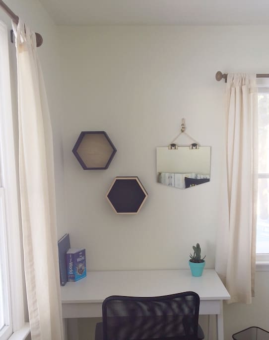 New for 2017: workspace and mirror in room. This bright space is much quieter than a hotel and perfect for catching up on work or your favorite blog!