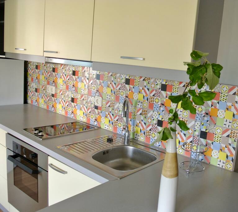 the fully equipped kitchen with integrated oven, stove (pots, pans, plates, cutlery and a fridge as well)