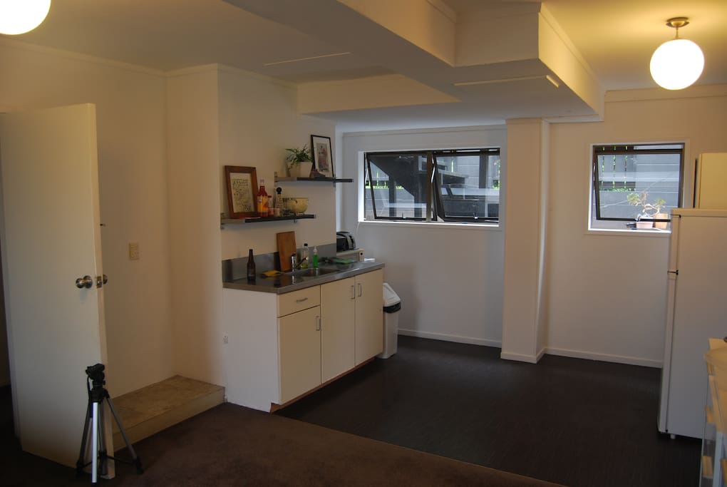 The kitchenette. There is another kitchen upstairs that you can cook in.