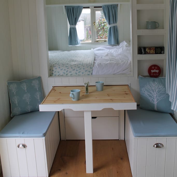 The pull-out table and benches in Bluebell