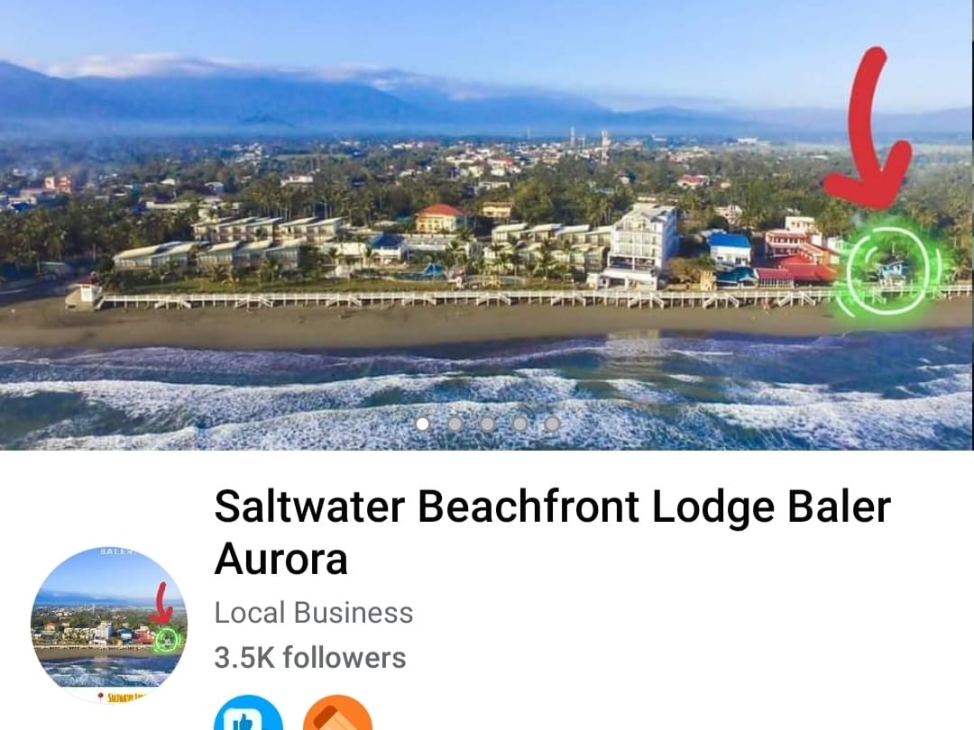 An aerial view captures the beachfront surroundings of Saltwater Lodge, highlighting its proximity to Sabang Beach. Nearby structures and lush palm trees are visible, with the ocean waves gently lapping at the shore, creating a serene coastal landscape.