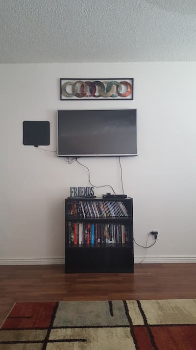 TV comes with an antenna for local channels, Blu-ray player for movies provided, and a Chromecast device to stream TV Shows and Movies.