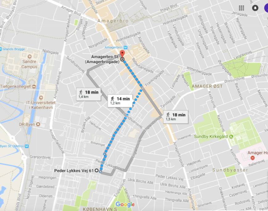 14 min walk to/from metro station from the airport (Amagerbro st)