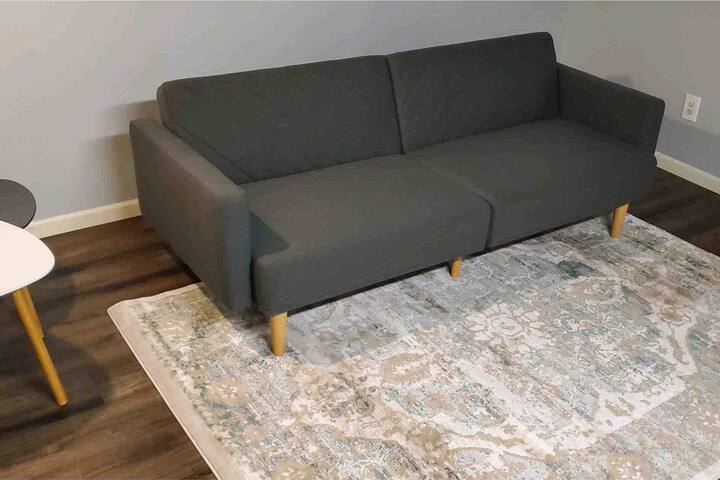 Futon sofa that lays flat in basement, can be additional sleeping space if needed 