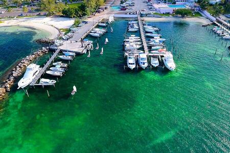 Aerial view shows a marina with a variety of boats docked along wooden piers. The vibrant green water contrasts with the sandy shore nearby, where a beach area is visible. Surrounding trees provide a natural backdrop, enhancing the coastal scene.
