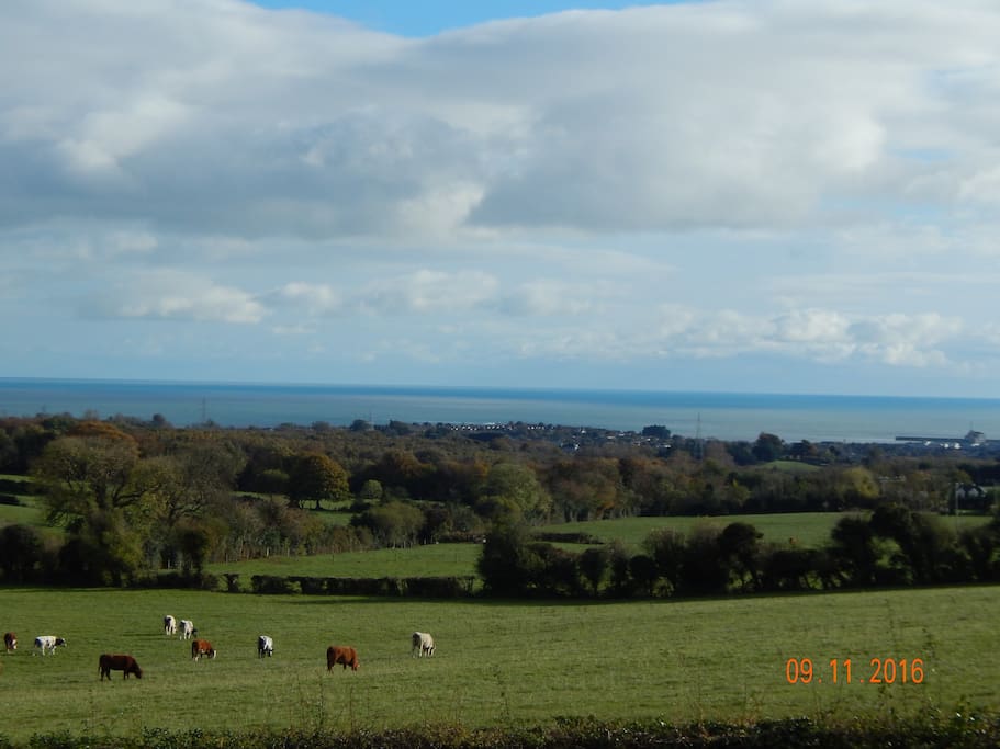 View over fields to sea from the Pony House cottage