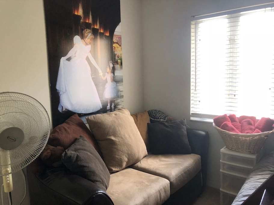 Love seat size couch and fan in the bedroom.