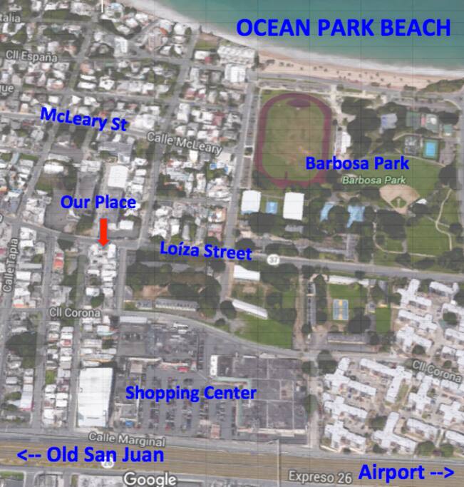 Arrow shows apartament location. Ocean Park Beach a 5 min walk, Barbosa Park 2 minutes away.